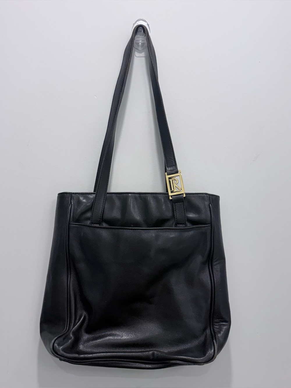 Vintage Lauren Ralph Lauren Black Leather Shoulder Bag Tote LRL Monogram Preppy
